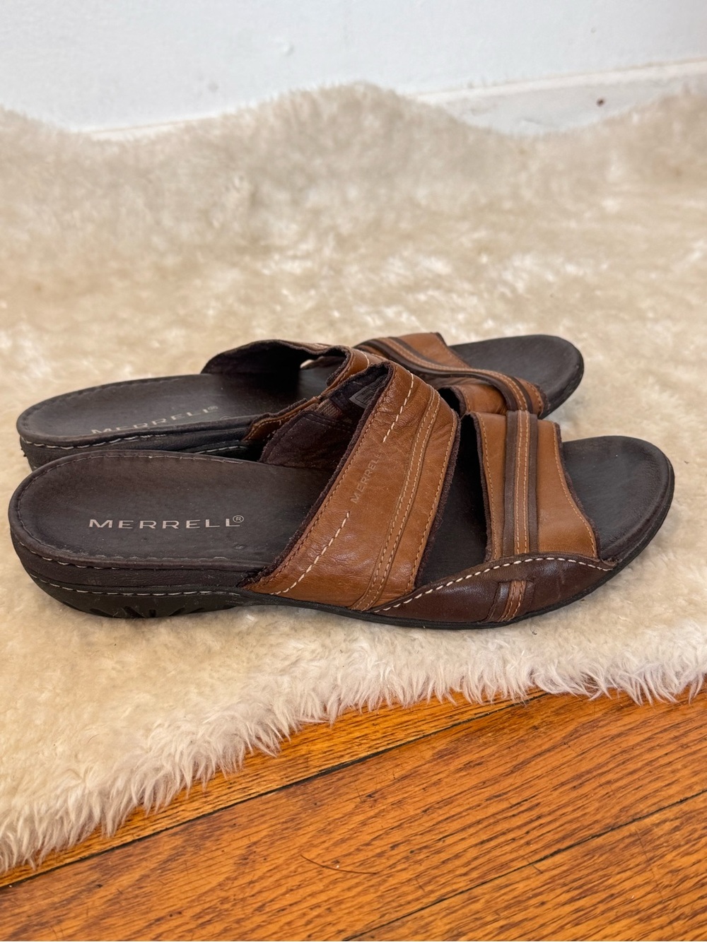 Merrell Womens Piccolo Sandals Brown Leather Dual-Strap Slide Slip Sandals Sz 8